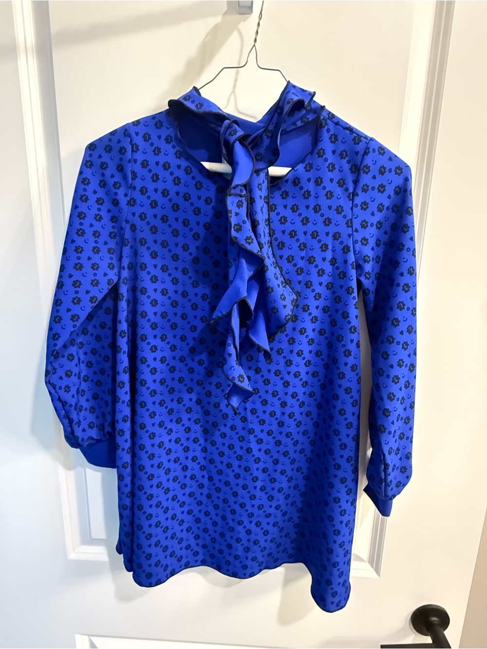 Royal Blue Ruffle Tie-Neck Blouse with Black Floral Print Business Casual